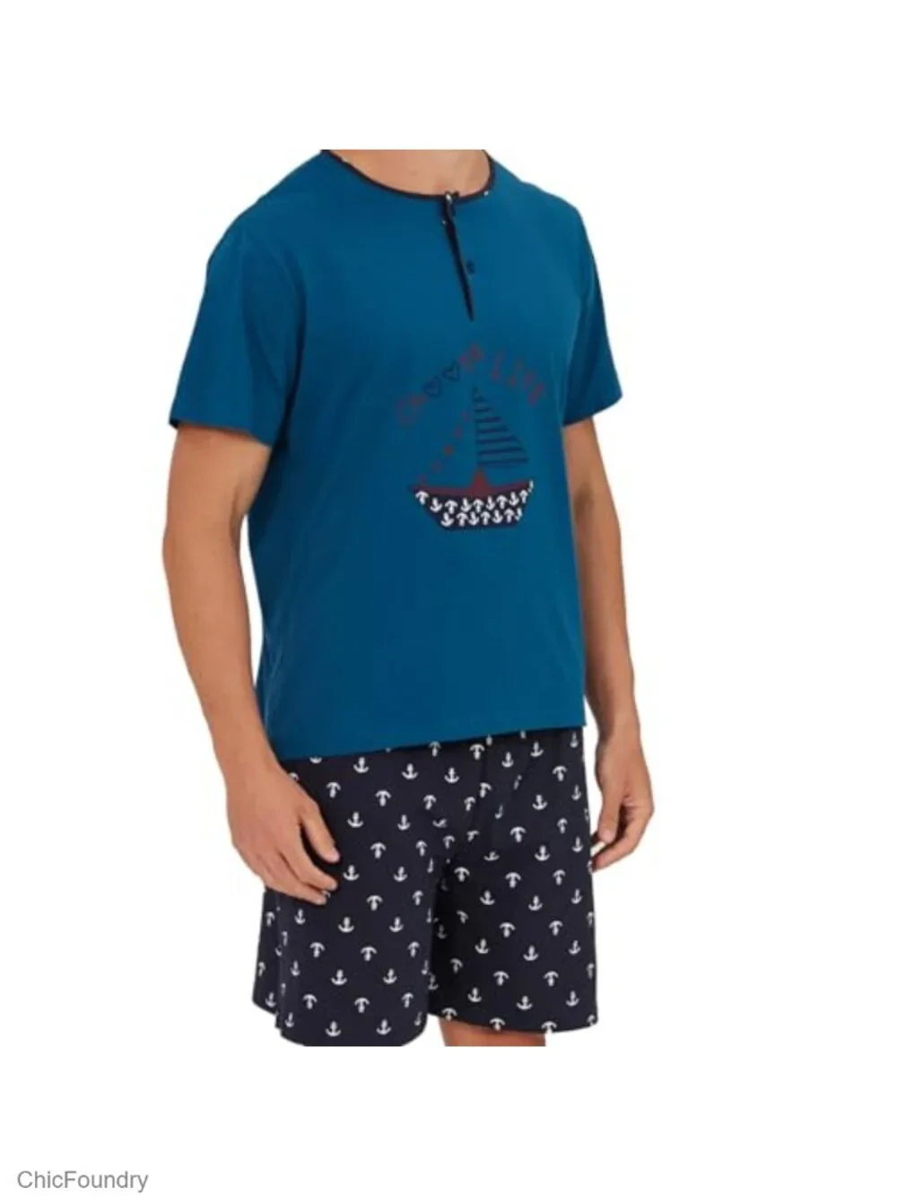 Mens Cotton Henley Pajama Set Short Sleeve T-Shirt & Shorts Sleepwear